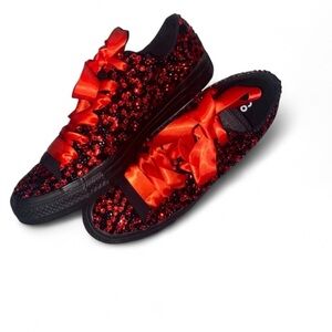 Black & Red Luxe Crystal Black Low Top Converse Sizes 5-14 New With Ribbon Laces